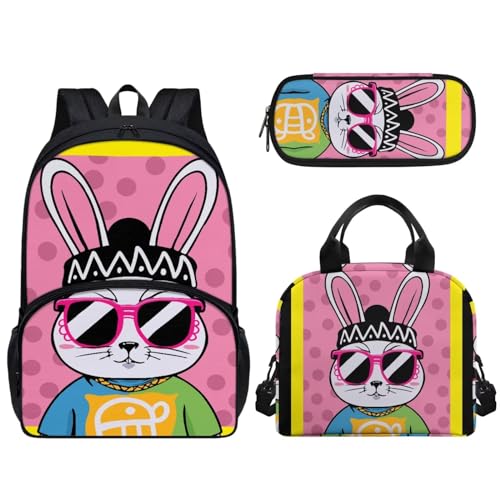 Pzuqiu 43,2 cm Schultasche mit Lunchtasche und Federmäppchen, Schüler-Rucksack, Elementar-Kinder-Büchertasche, 3-teiliges Set, Cooles Häschen von Pzuqiu