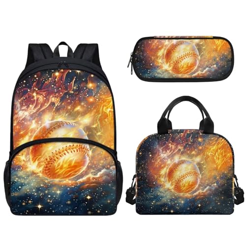 Pzuqiu 43,2 cm Schultasche mit Lunchtasche und Federmäppchen, Schüler-Rucksack, Elementar-Kinder-Büchertasche, 3-teiliges Set, Fire Baseball von Pzuqiu