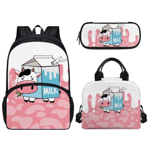 Pzuqiu 43,2 cm Schultasche mit Lunchtasche und Federmäppchen, Schüler-Rucksack, Elementar-Kinder-Büchertasche, 3-teiliges Set, Milchkuh von Pzuqiu