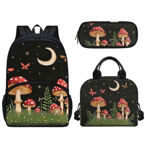 Pzuqiu 43,2 cm Schultasche mit Lunchtasche und Federmäppchen, Schüler-Rucksack, Elementar-Kinder-Büchertasche, 3-teiliges Set, mushroom von Pzuqiu