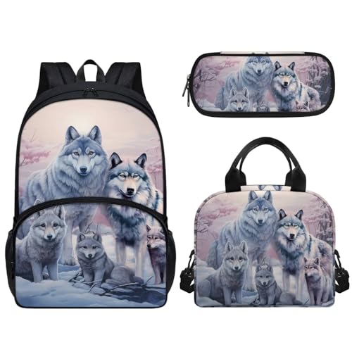 Pzuqiu 43,2 cm Schultasche mit Lunchtasche und Federmäppchen, Schüler-Rucksack, Elementar-Kinder-Büchertasche, 3-teiliges Set, wolf von Pzuqiu