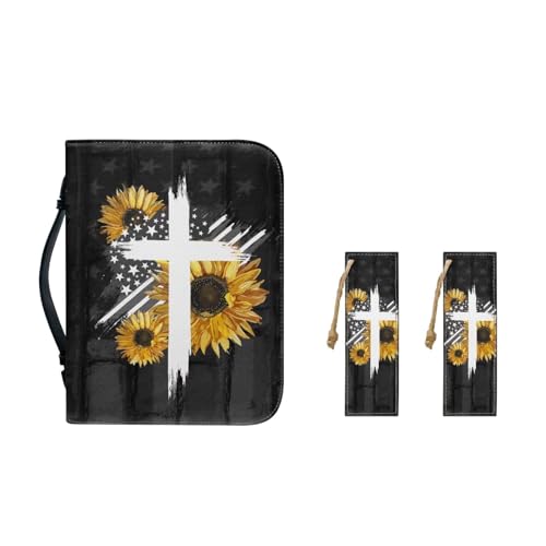 Pzuqiu Bibelhandtasche aus PU-Leder für Frauen und Mädchen, Bibelbuchaufbewahrung, mit robustem Griff und Lesezeichen, M-2XL, Sonnenblumen-Flagge, Kreuz, 2XL-12"x9"x2.4" von Pzuqiu