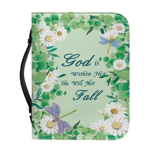 Pzuqiu Bibelhülle Handtasche für Damen und Mädchen, PU-Leder, Bibel-Tragetasche mit Griff, tragbar, modisch, Bibelhandtasche, Gänseblümchen, Libelle, 2XL-12"x9"x2.4" von Pzuqiu