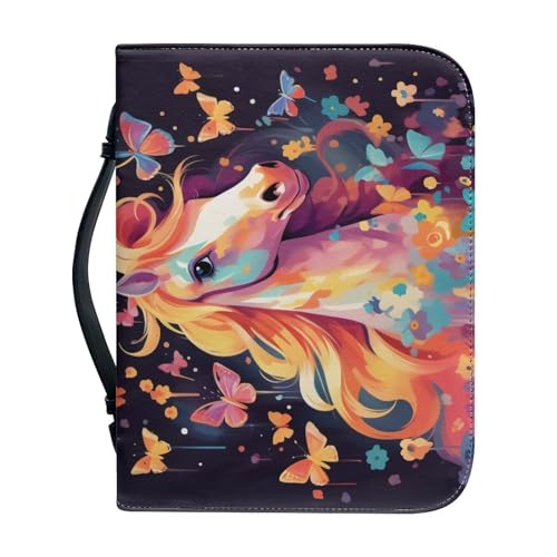 Pzuqiu Bibelhülle Handtasche für Damen und Mädchen, PU-Leder, Bibel-Tragetasche mit Griff, tragbar, modisch, Bibelhandtasche, Niedlicher Pferde-Schmetterling, 2XL-12"x9"x2.4" von Pzuqiu