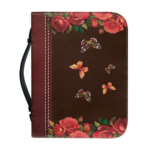 Pzuqiu Bibelhülle Handtasche für Damen und Mädchen, PU-Leder, Bibel-Tragetasche mit Griff, tragbar, modisch, Bibelhandtasche, Roter Rosen-Schmetterling, 2XL-12"x9"x2.4" von Pzuqiu