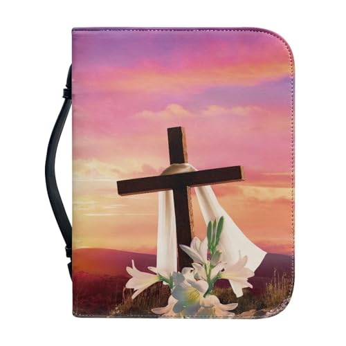 Pzuqiu Bibelhülle Handtasche für Damen und Mädchen, PU-Leder, Bibeltragetasche mit Griff, tragbar, christliches Kreuz, Bibeltasche, Afterglow Cross Lily, XL-11.2"x8"x2.2" von Pzuqiu