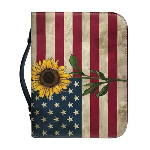 Pzuqiu Bibelhülle Handtasche für Damen und Mädchen, PU-Leder, Bibeltragetasche mit Griff, tragbar, christliches Kreuz, Bibeltasche, Sonnenblumen-Flagge, 2XL-12"x9"x2.4" von Pzuqiu