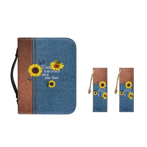 Pzuqiu Bibelhülle für Mädchen und Frauen, Bibeltragetasche mit Leder-Lesezeichen für Kinder, christliches Taufgeschenk, Denim-Sonnenblume, XL-11.2"x8"x2.2" von Pzuqiu