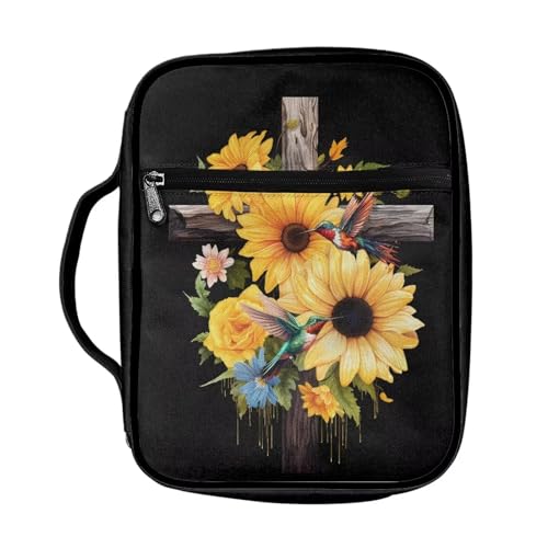 Pzuqiu Bibelhülle mit Sonnenblumenkolibri-Kreuz, groß, tragbar, mit Griff, Reißverschlusstasche auf der Rückseite, Make-up-Tasche für Mädchen und Frauen von Pzuqiu