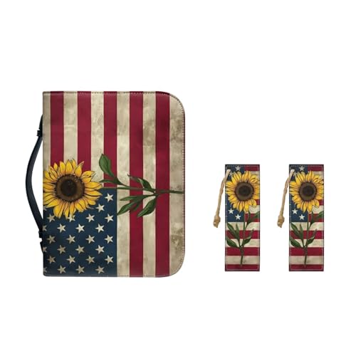 Pzuqiu Bibelhüllen, Lernbedarf, PU-Leder, Bibeltragetasche für Frauen und Mädchen, Bibelschutz mit Lesezeichen, Amerikanische Flagge Sonnenblume, 2XL-12"x9"x2.4" von Pzuqiu