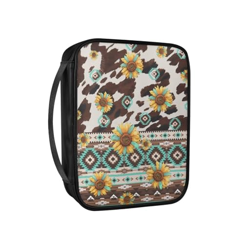 Pzuqiu Bibelhüllen für Frauen, große PU-Leder-Tragetasche mit Griff, Schutztasche, christliche Kirche, Studium, Bibel, Aztekische Kuh-Sonnenblume, Einheitsgröße von Pzuqiu