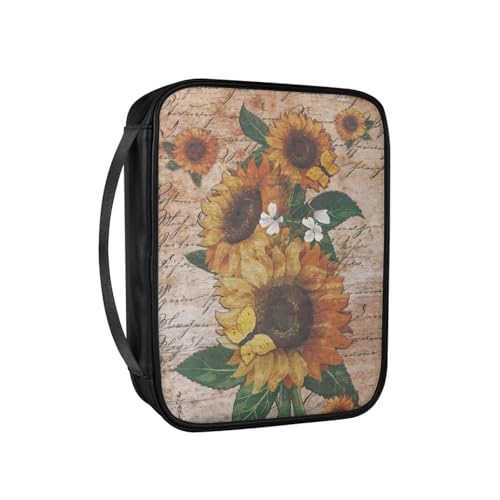 Pzuqiu Bibelhüllen für Frauen, große PU-Leder-Tragetasche mit Griff, Schutztasche, christliche Kirche, Studium, Bibel, Retro Sonnenblume, Einheitsgröße von Pzuqiu