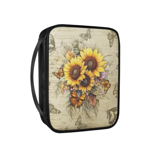 Pzuqiu Bibelhüllen für Frauen, große PU-Leder-Tragetasche mit Griff, Schutztasche, christliche Kirche, Studium, Bibel, Retro-Sonnenblumen-Schmetterling, Einheitsgröße von Pzuqiu