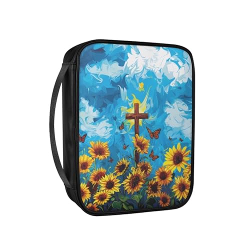 Pzuqiu Bibelhüllen für Frauen, große PU-Leder-Tragetasche mit Griff, Schutztasche, christliche Kirche, Studium, Bibel, Sonnenblumenkreuz, Einheitsgröße von Pzuqiu