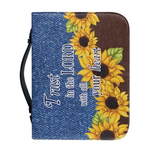 Pzuqiu Bibeltasche für Damen und Mädchen, PU-Leder, Bibelhandtasche mit Griff, tragbare Tragetasche für Bibelstudium, Sonnenblumen-Denim, XL-11.2"x8"x2.2" von Pzuqiu