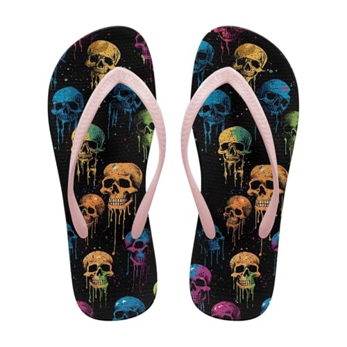 Pzuqiu Damen Flip Flops Sandalen Leicht Strand Rosa Zehensandalen Casual Dusche & Pool Slides, Regenbogen-Totenkopf, 39 EU von Pzuqiu