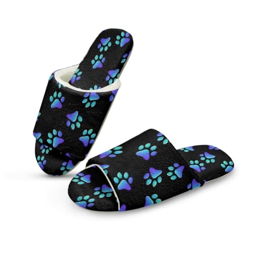 Pzuqiu Damen-Hausschuhe, Slipper, offener Zehenbereich, warm, gemütlich, flauschig, für drinnen und draußen, mit rutschfester Sohle, Blaue Hundepfoten, 42/43 EU von Pzuqiu