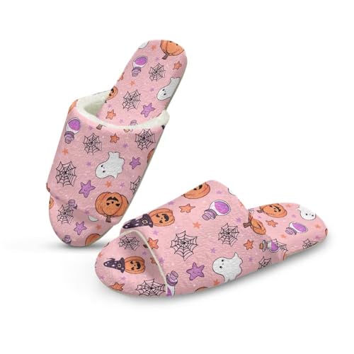 Pzuqiu Damen-Hausschuhe, Slipper, offener Zehenbereich, warm, gemütlich, flauschig, für drinnen und draußen, mit rutschfester Sohle, Halloween Pink Ghost, 40/41 EU von Pzuqiu