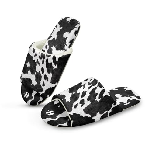 Pzuqiu Damen-Hausschuhe, Slipper, offener Zehenbereich, warm, gemütlich, flauschig, für drinnen und draußen, mit rutschfester Sohle, Kuhmuster, 38/39 EU von Pzuqiu