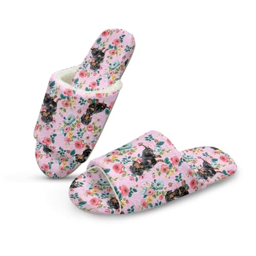 Pzuqiu Damen-Hausschuhe, Slipper, offener Zehenbereich, warm, gemütlich, flauschig, für drinnen und draußen, mit rutschfester Sohle, Rosa Blumen Hund, 38/39 EU von Pzuqiu