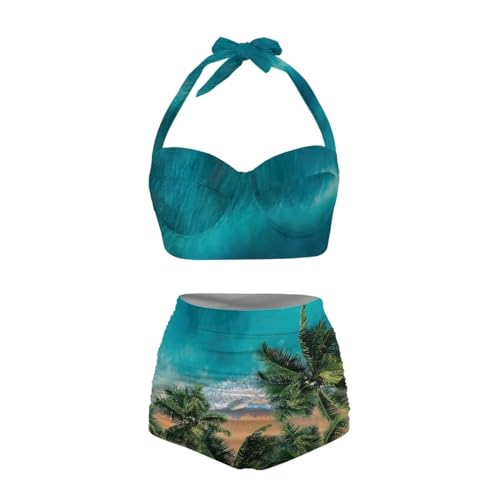 Pzuqiu Damen Zweiteiliger Bikini Badeanzug Hohe Taille Sportlich Badeanzug mit Unterteil Neckholder Geraffte Bademode Set, Strand Palme, XL von Pzuqiu