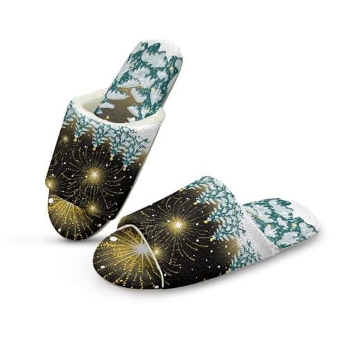 Pzuqiu Hausschuhe für Damen, warm, gemütlich, flauschig, offene Zehenpartie, Fußgewölbeunterstützung, für drinnen und draußen, Weihnachtsfeuerwerk, 44/45 EU von Pzuqiu