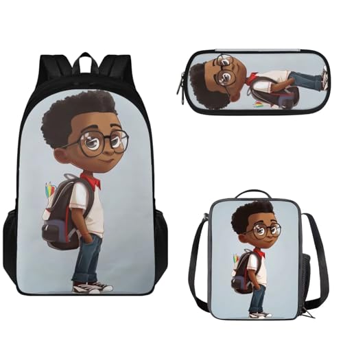 Pzuqiu Kinder-Rucksack-Set mit Lunchbox und Federmäppchen für Teenager, 3-teiliges Schultaschen-Set für Grundschule, Brille Boy Pzuqiu Kinder-Rucksack-Set mit Lunchbox und Federmäppchen für Teenager, 3-teiliges Schultaschen-Set für Grundschule, Brille Boy von Pzuqiu