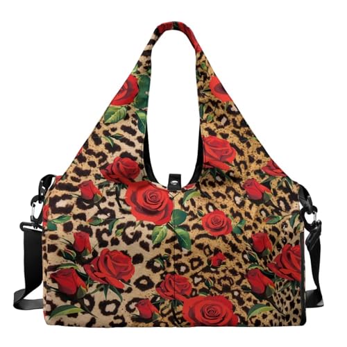 Pzuqiu Leopard Rose Damen-Sporttasche mit Schuhfach, großes Fassungsvermögen, Wochenend-Schultertasche, ideal für Fitnessstudio, Sport, Reisen von Pzuqiu