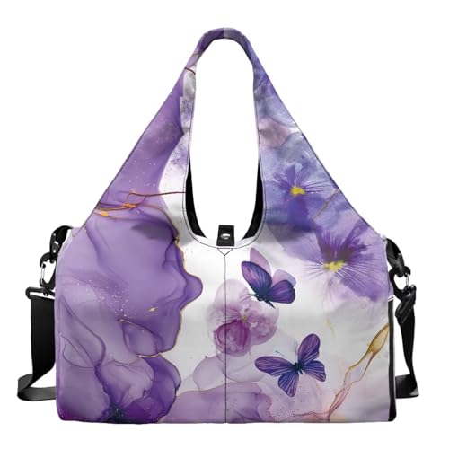 Pzuqiu Lila Marmor Schmetterling Yoga Tragetasche für Frauen Schultertasche mit Schuhfach Nass Trocken für Büro, Workout & Strand Gym von Pzuqiu