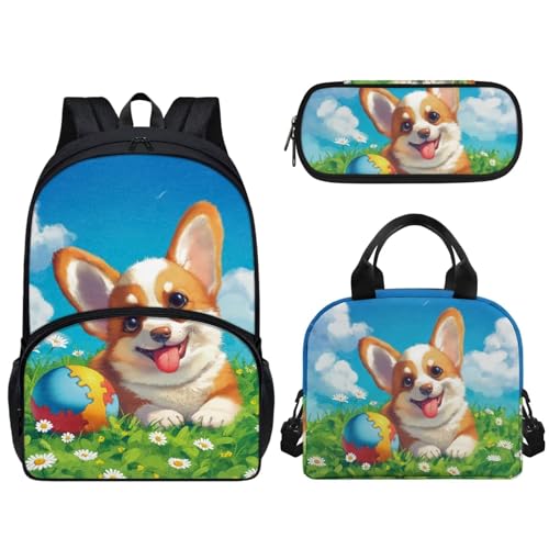 Pzuqiu Schüler-Rucksack, 3er-Set, mit Lunchbox und Federmäppchen, 43,2 cm, tragbare Schultaschen für Kinder, Rucksack-Set, Cartoon Corgi von Pzuqiu