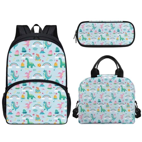 Pzuqiu Schüler-Rucksack, 3er-Set, mit Lunchbox und Federmäppchen, 43,2 cm, tragbare Schultaschen für Kinder, Rucksack-Set, Cartoon Dinosaurier von Pzuqiu