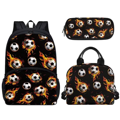 Pzuqiu Schüler-Rucksack, 3er-Set, mit Lunchbox und Federmäppchen, 43,2 cm, tragbare Schultaschen für Kinder, Rucksack-Set, Fire Soccer von Pzuqiu