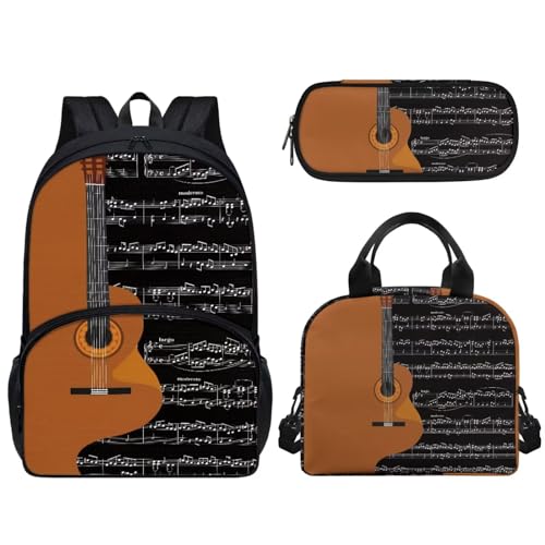 Pzuqiu Schüler-Rucksack, 3er-Set, mit Lunchbox und Federmäppchen, 43,2 cm, tragbare Schultaschen für Kinder, Rucksack-Set, Gitarrenmuster von Pzuqiu