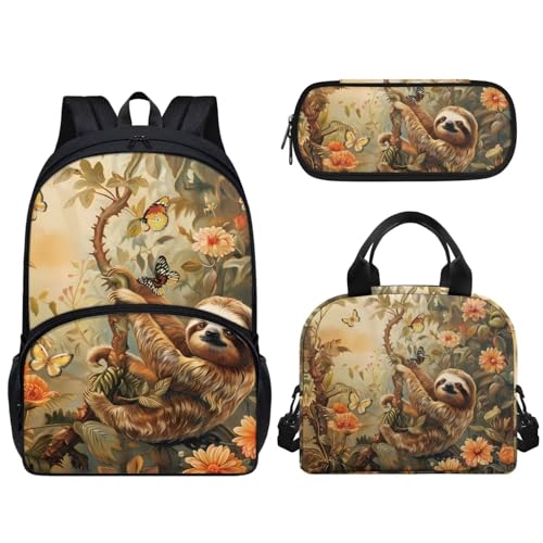 Pzuqiu Schüler-Rucksack, 3er-Set, mit Lunchbox und Federmäppchen, 43,2 cm, tragbare Schultaschen für Kinder, Rucksack-Set, Niedliche Faultier von Pzuqiu