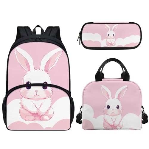 Pzuqiu Schüler-Rucksack, 3er-Set, mit Lunchbox und Federmäppchen, 43,2 cm, tragbare Schultaschen für Kinder, Rucksack-Set, Pink Bunny von Pzuqiu