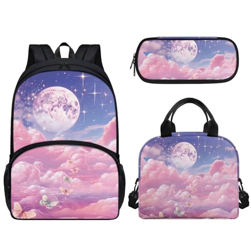 Pzuqiu Schüler-Rucksack, 3er-Set, mit Lunchbox und Federmäppchen, 43,2 cm, tragbare Schultaschen für Kinder, Rucksack-Set, Pink Sky von Pzuqiu