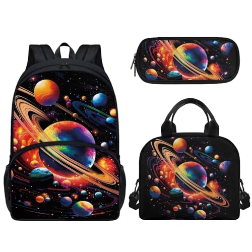 Pzuqiu Schüler-Rucksack, 3er-Set, mit Lunchbox und Federmäppchen, 43,2 cm, tragbare Schultaschen für Kinder, Rucksack-Set, Wunderschöner Planet von Pzuqiu