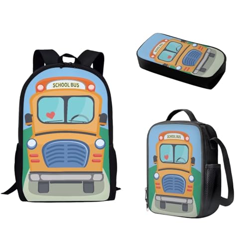 Pzuqiu Schüler-Rucksack, 3er-Set, mit Lunchbox und Federmäppchen für Camping, tragbare Schultaschen für Kinder, Rucksack-Set, Cartoon-Schulbus von Pzuqiu