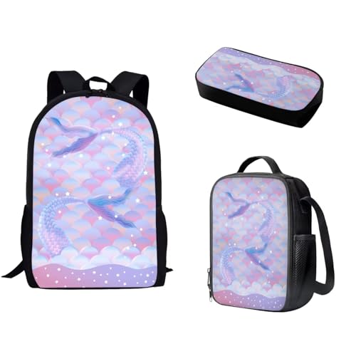 Pzuqiu Schüler-Rucksack, 3er-Set, mit Lunchbox und Federmäppchen für Camping, tragbare Schultaschen für Kinder, Rucksack-Set, Lila Meerjungfrau von Pzuqiu