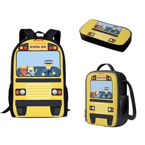 Pzuqiu Schüler-Rucksack, 3er-Set, mit Lunchbox und Federmäppchen für Camping, tragbare Schultaschen für Kinder, Rucksack-Set, Schulbus-Muster von Pzuqiu
