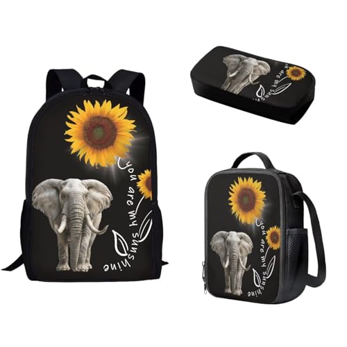 Pzuqiu Schüler-Rucksack, 3er-Set, mit Lunchbox und Federmäppchen für Camping, tragbare Schultaschen für Kinder, Rucksack-Set, Sonnenblume Elefant von Pzuqiu