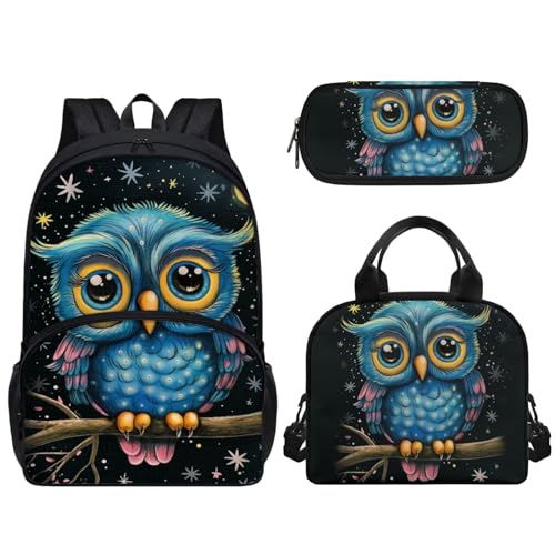 Pzuqiu Schüler-Rucksack für Kinder mit Lunchbox und Federmäppchen, 3-teiliges Set, 43,2 cm, Schultaschen für Jungen/Mädchen, Cartoon Eule von Pzuqiu