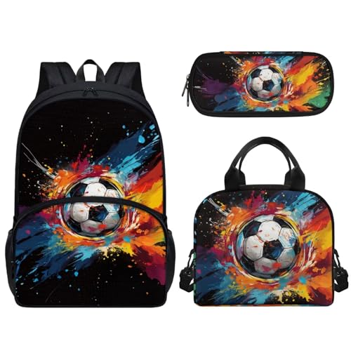 Pzuqiu Schüler-Rucksack für Kinder mit Lunchbox und Federmäppchen, 3-teiliges Set, 43,2 cm, Schultaschen für Jungen/Mädchen, Cooler Fußball von Pzuqiu