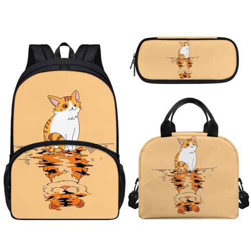 Pzuqiu Schüler-Rucksack für Kinder mit Lunchbox und Federmäppchen, 3-teiliges Set, 43,2 cm, Schultaschen für Jungen/Mädchen, Katze, niedlich von Pzuqiu