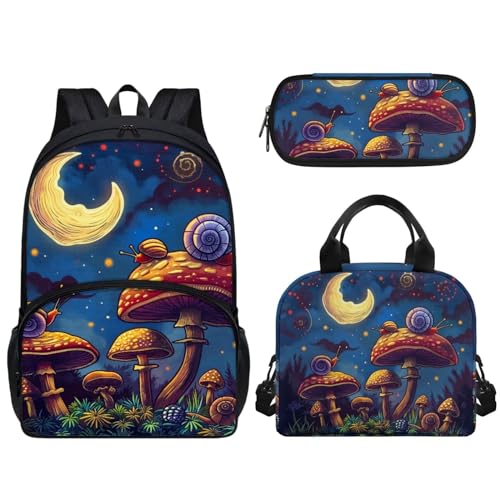 Pzuqiu Schüler-Rucksack für Kinder mit Lunchbox und Federmäppchen, 3-teiliges Set, 43,2 cm, Schultaschen für Jungen/Mädchen, mushroom von Pzuqiu