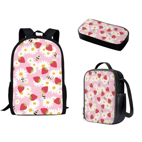 Pzuqiu Schüler-Rucksack für Kinder mit Lunchbox und Federmäppchen, 3-teiliges Set, Schultaschen für Grund- und Mittelschüler, Erdbeer-Gänseblümchen von Pzuqiu