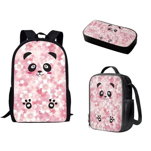 Pzuqiu Schüler-Rucksack für Kinder mit Lunchbox und Federmäppchen, 3-teiliges Set, Schultaschen für Grund- und Mittelschüler, Kirschblüten-Panda von Pzuqiu