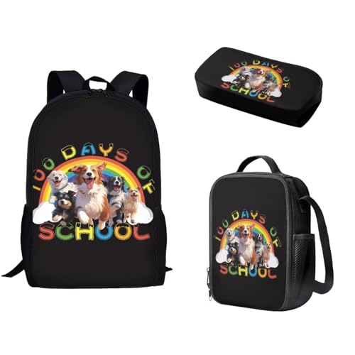 Pzuqiu Schüler-Rucksack für Kinder mit Lunchbox und Federmäppchen, 3-teiliges Set, Schultaschen für Grund- und Mittelschüler, Niedlicher Hund, Regenbogenfarben von Pzuqiu