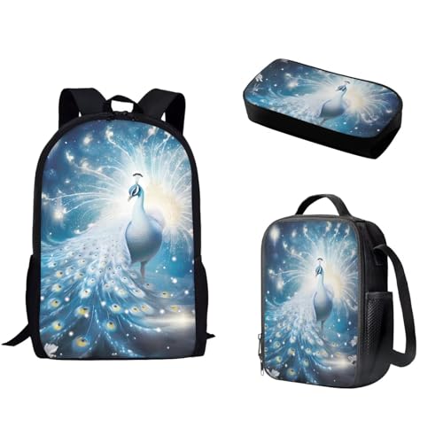 Pzuqiu Schüler-Rucksack für Kinder mit Lunchbox und Federmäppchen, 3-teiliges Set, Schultaschen für Grund- und Mittelschüler, pfau von Pzuqiu