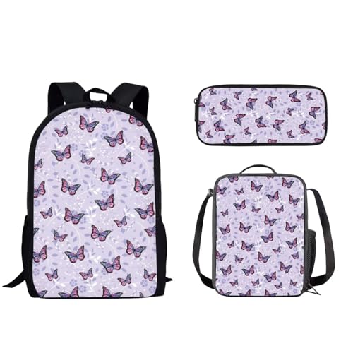 Pzuqiu Schüler-Rucksack für Kinder mit Lunchbox und Federmäppchen, 3-teiliges Set, Schultaschen für Grund- und Mittelschüler, violettfarbener schmetterling von Pzuqiu